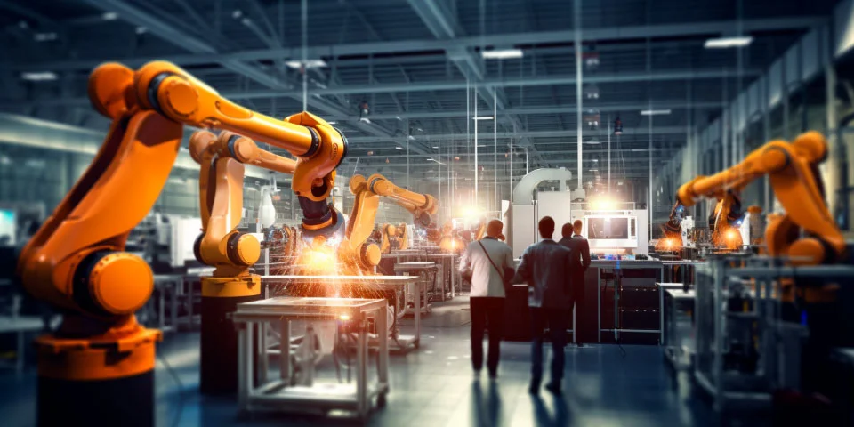 entorno de trabajo en la industria y la salud, donde el IoT está desempeñando un papel importante. Se ven robots colaborativos trabajando junto a trabajadores humanos en una fábrica inteligente, optimizando los procesos de producción.